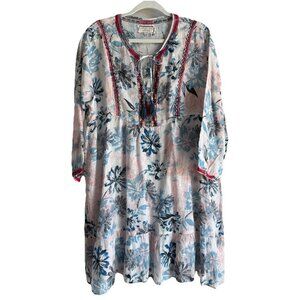 Johnny Was Workshop Women Ramie Floral Embroidered Trim Tassel‎ Shift Dress Sz L